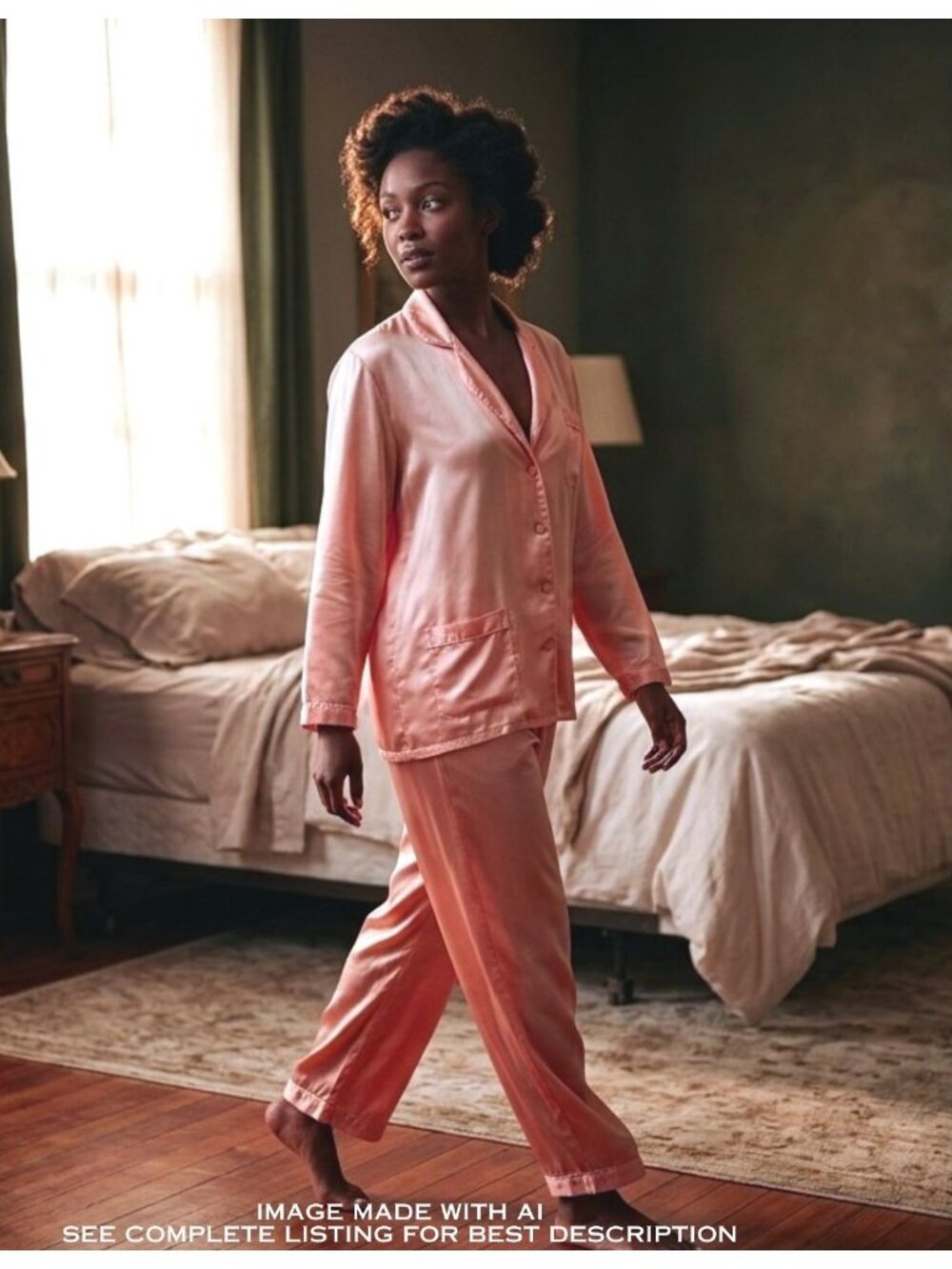 Vintage Esme Silk Satin Pajama Set L Top Wide Leg Pants Peach Pockets 100% Silk